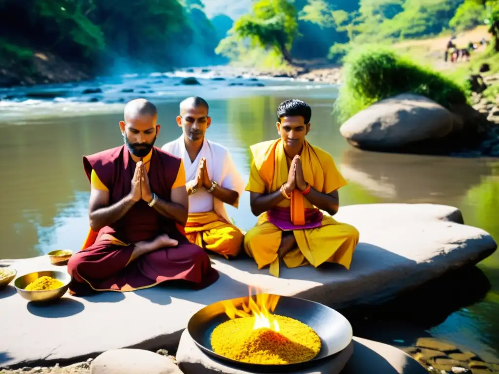 Ritual de Pancha Mahayajna: Devoción junto al río sagrado Significado y práctica de Pancha Mahayajna: Ritual hindú junto al río con sacerdotes, ofrendas y coloridos trajes tradicionales