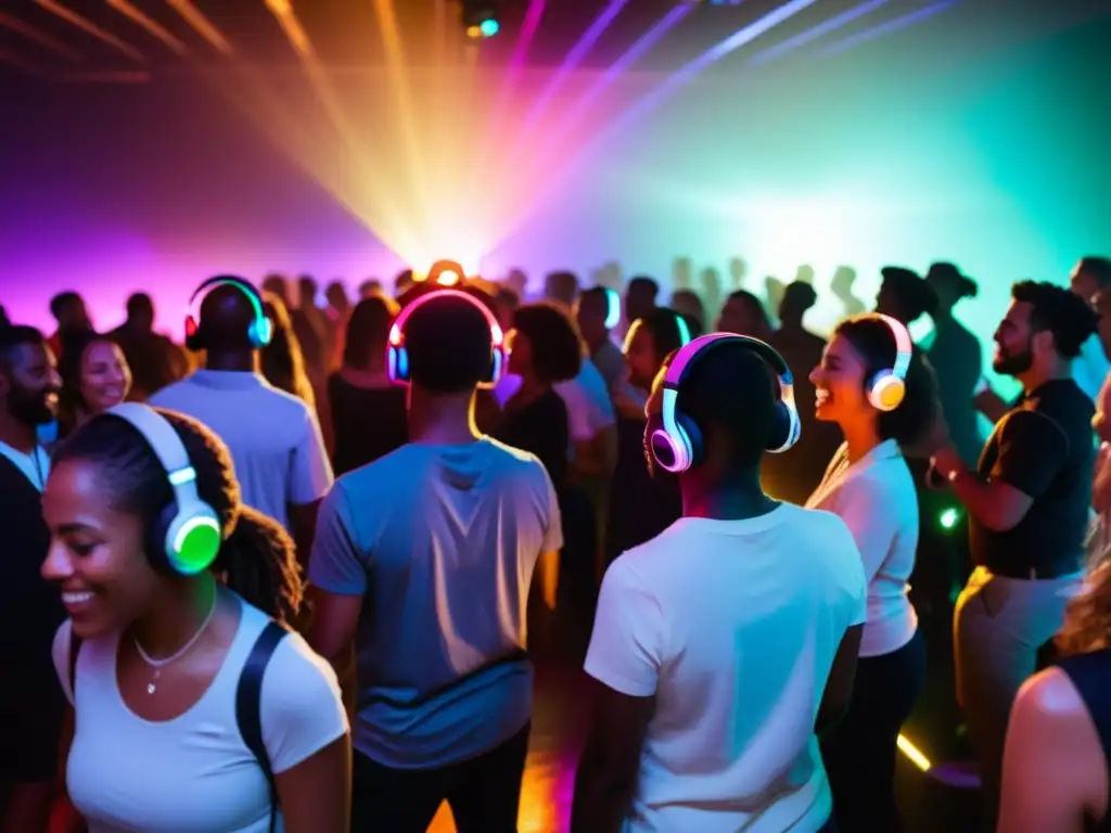 Silent discos: rituales de comunión en una habitación iluminada con luces de colores, donde la gente baila con auriculares inalámbricos