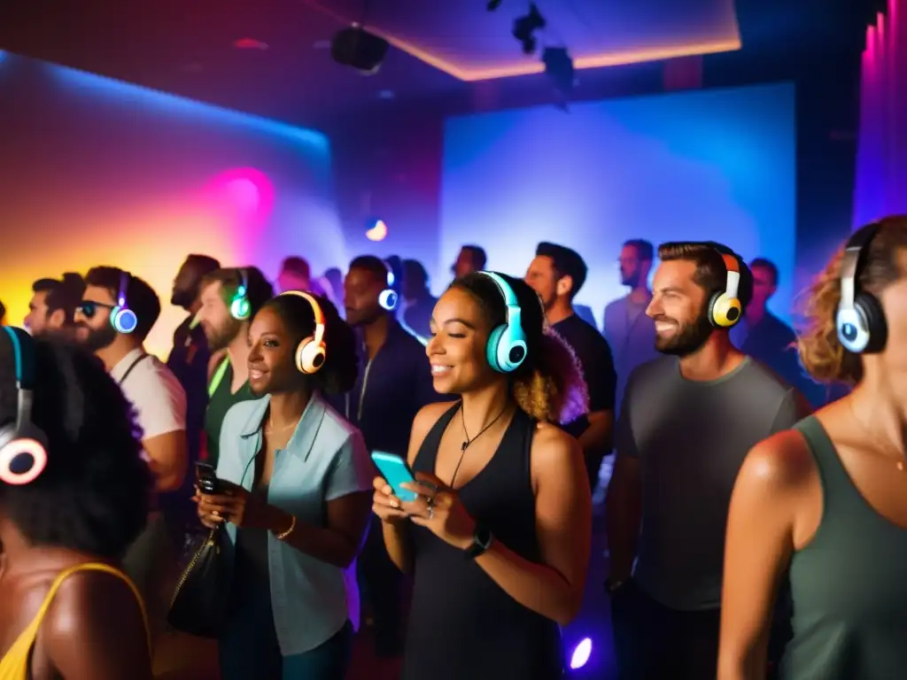 Silent discos: rituales de comunión en una habitación dinámica llena de gente bailando con auriculares inalámbricos, iluminada por luces de colores