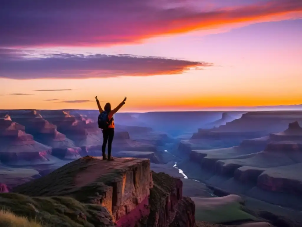 Silueta en acantilado disfrutando rituales personales de empoderamiento en paisaje dramático al atardecer