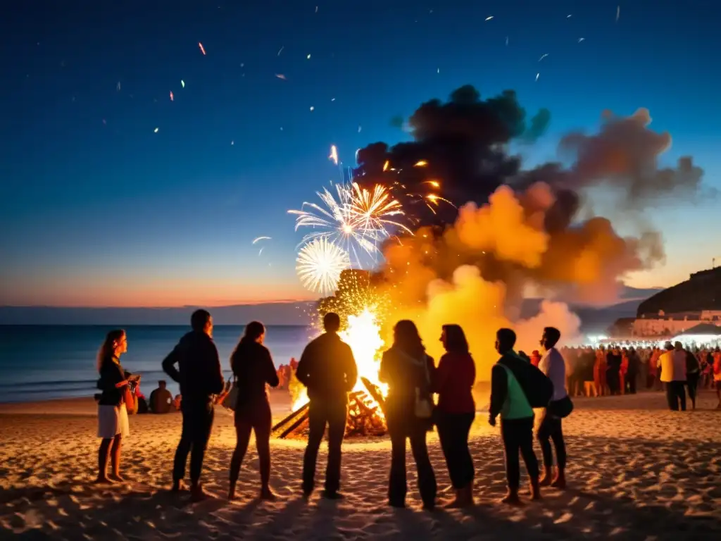 Siluetas bailando y celebrando alrededor de una fogata en la playa, iluminada por fuegos artificiales y el brillo del fuego