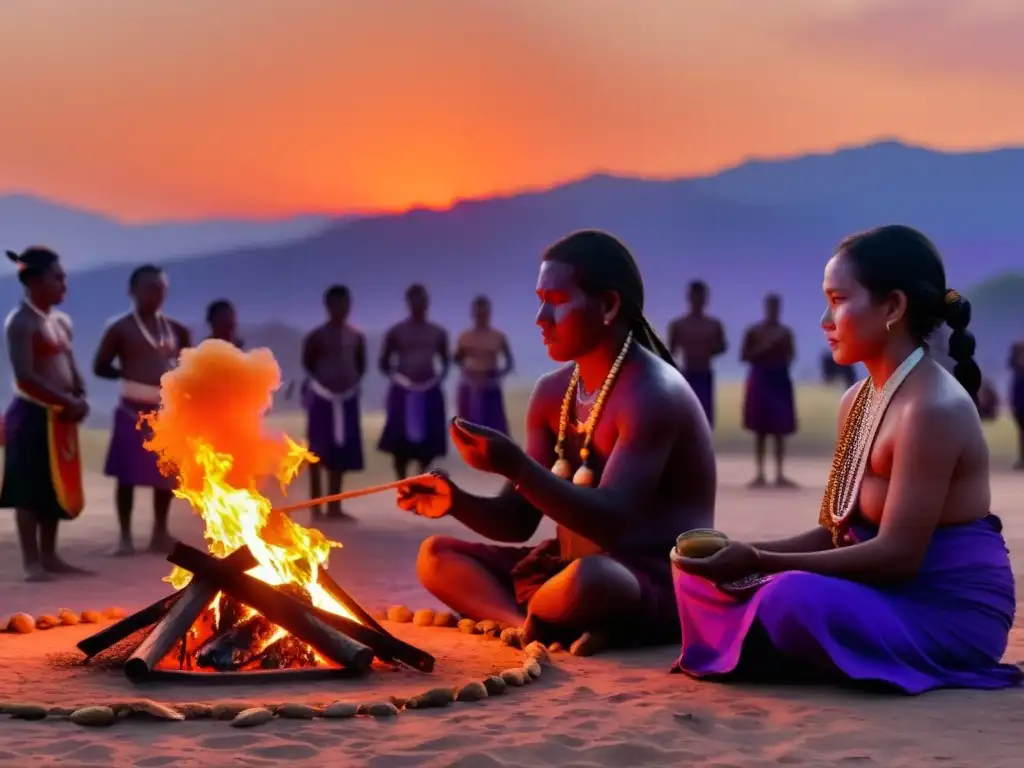 Siluetas de indígenas realizando un ritual de fuego sagrado al anochecer, con el cielo cálido como telón de fondo