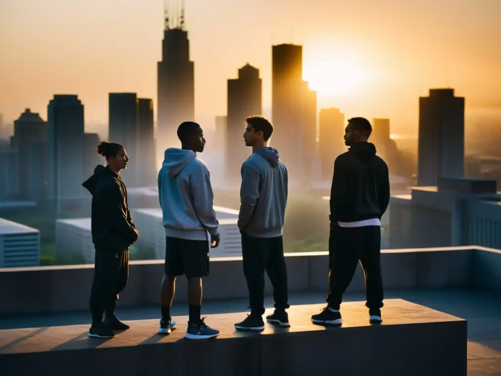 Siluetas de practicantes de parkour se reúnen al amanecer en un paisaje urbano brumoso, resaltando la conexión espiritual del ritual de parkour