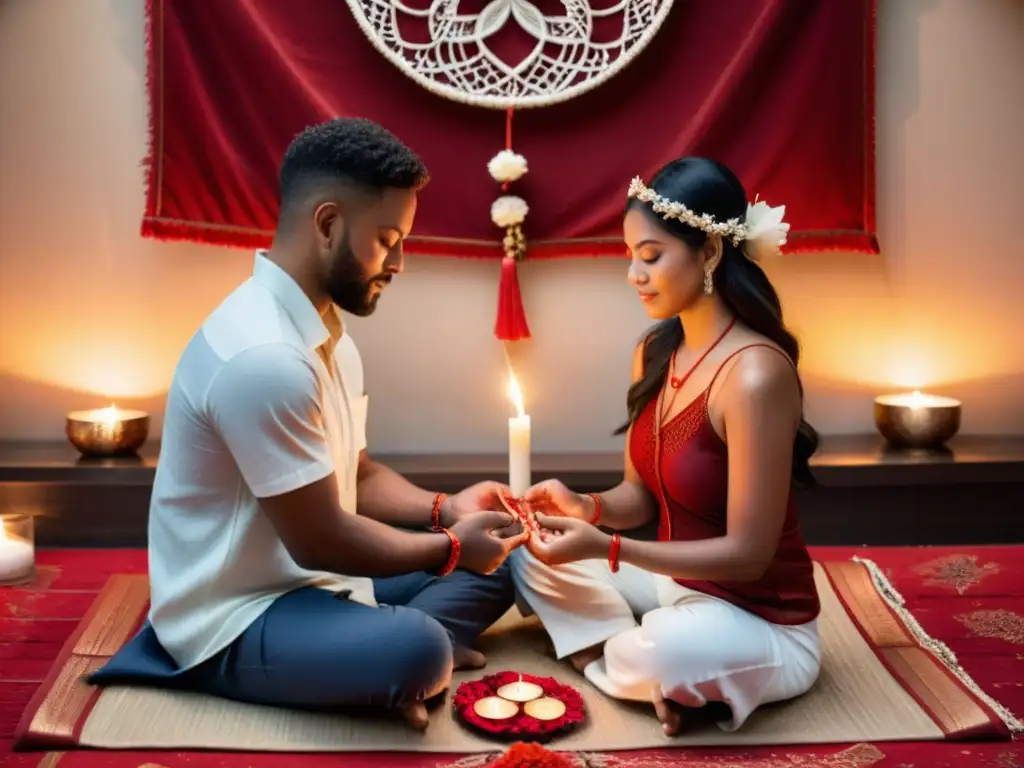 Símbolos rituales encuentro parejas: Pareja en ritual íntimo, unidos por un hilo rojo en un ambiente cálido y místico con velas, flores y cristales