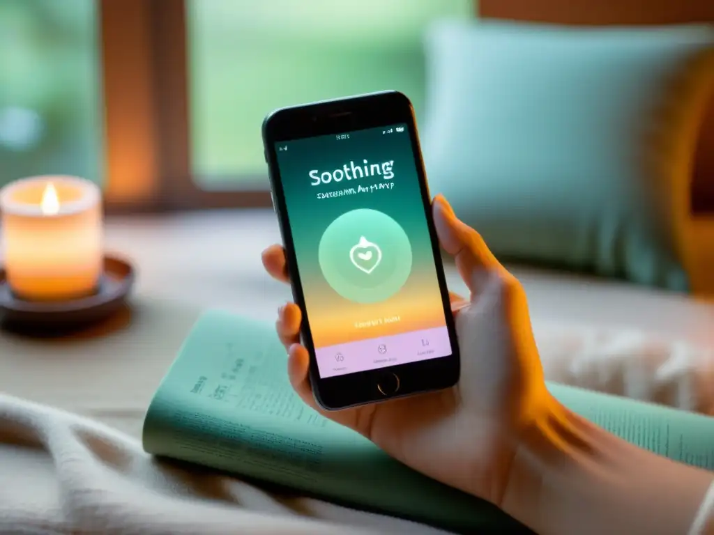 Un smartphone muestra una app de meditación relajante en un ambiente acogedor