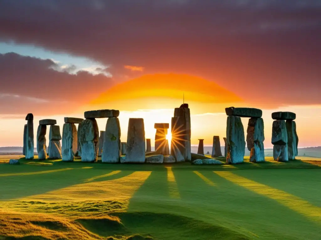 El sol se pone detrás del antiguo monumento de Stonehenge, resaltando la alineación con los movimientos celestiales durante el equinoccio