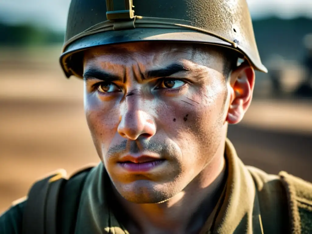 Un soldado se prepara para el combate, mostrando determinación y cansancio