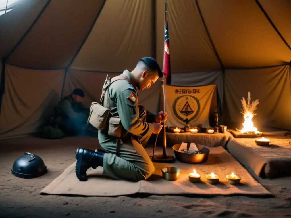 Soldado enciende incienso en altar improvisado, preparación psicológica rituales guerra en tienda militar