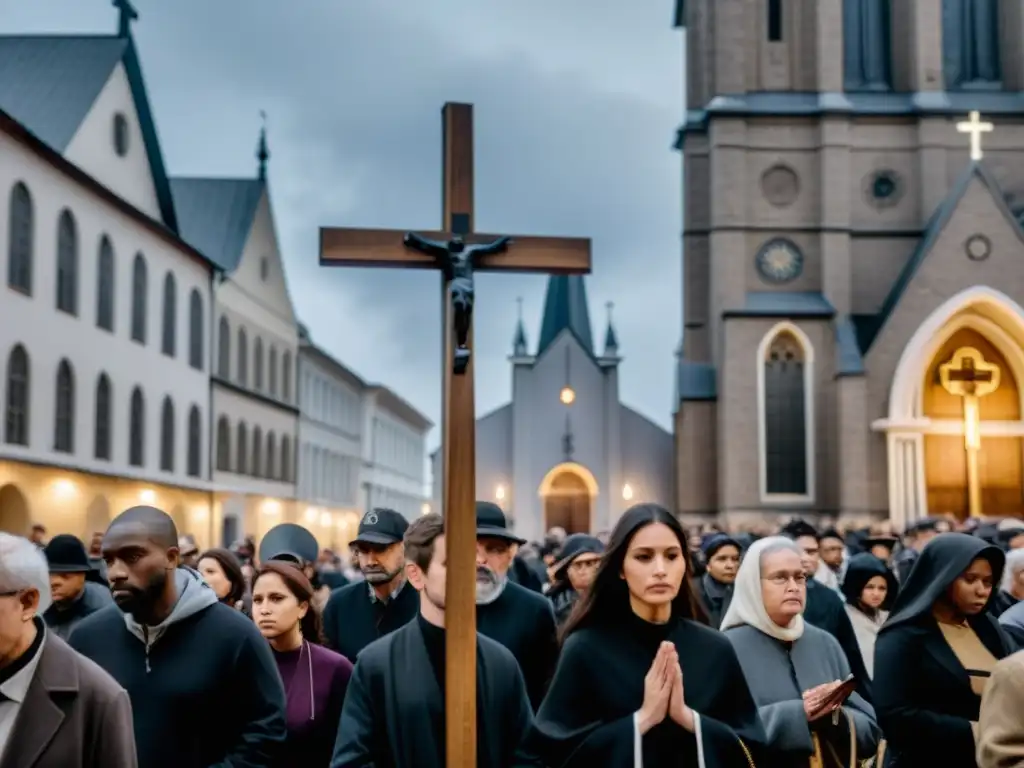 Una procesión solemne durante la Cuaresma, con participantes reflexivos y cruces, frente a una iglesia histórica