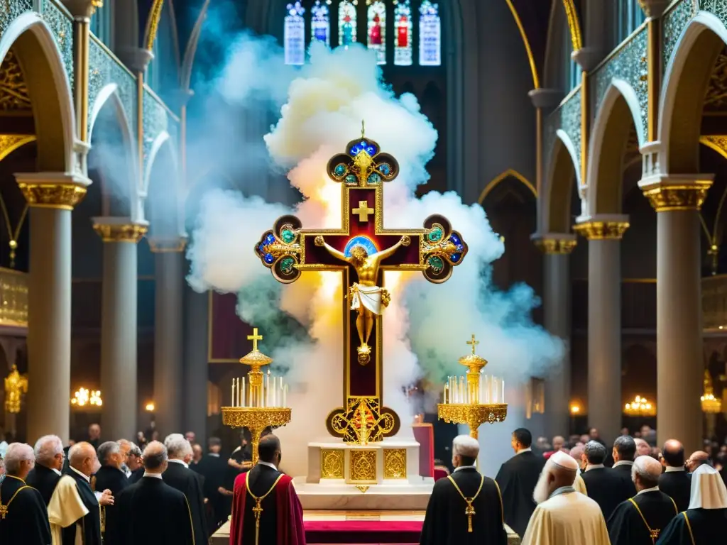 Procesión solemne de la Exaltación de la Santa Cruz, con cruz dorada, gemas y clérigos, envueltos en humo de incienso en la catedral