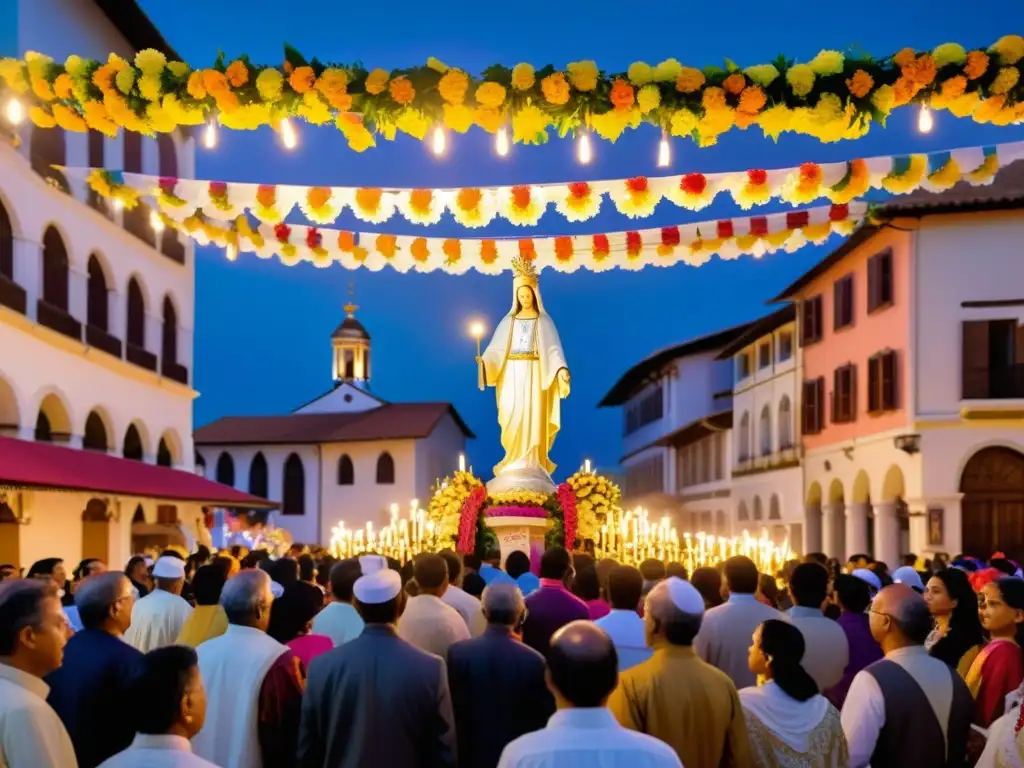 Un solemne ritual de coronación de la Virgen, con devotos, flores y velas, coloridos estandartes y símbolos religiosos tradicionales