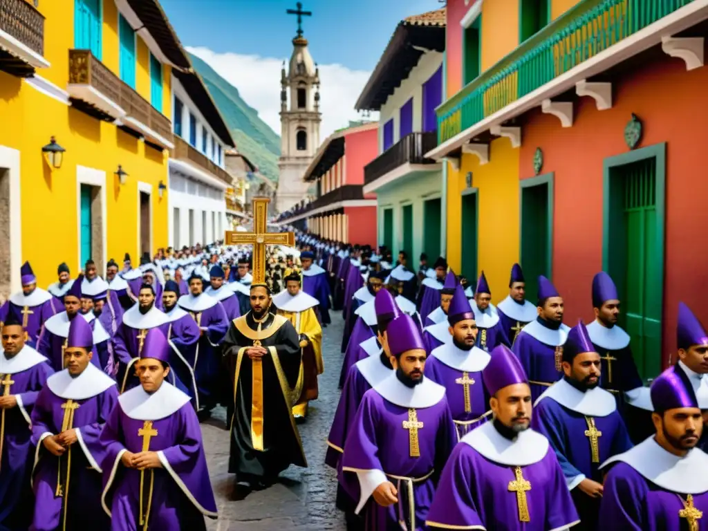 Procesión solemne de Semana Santa en América del Sur Una procesión solemne de Semana Santa en una ciudad sudamericana, con participantes vestidos con túnicas tradicionales y llevando estatuas religiosas