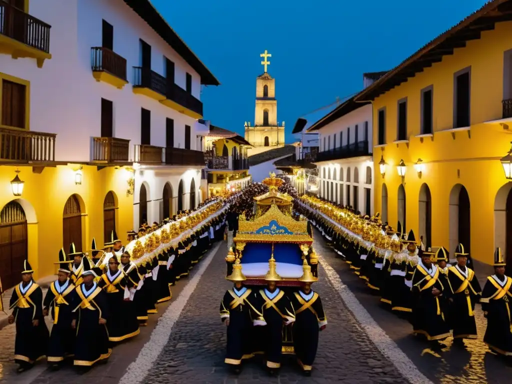 Procesión de Semana Santa: Devoción y Tradición en Hispanoamérica Procesión solemne de Semana Santa en Hispanoamérica: devotos llevan elaboradas imágenes religiosas entre arquitectura colonial al atardecer