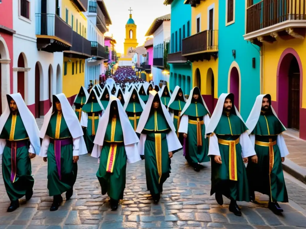 Procesión solemne de Semana Santa en pueblo histórico hispanoamericano Procesión solemne de Semana Santa en Hispanoamérica, con figuras en capucha y estatuas religiosas ornadas en calles empedradas y coloridas
