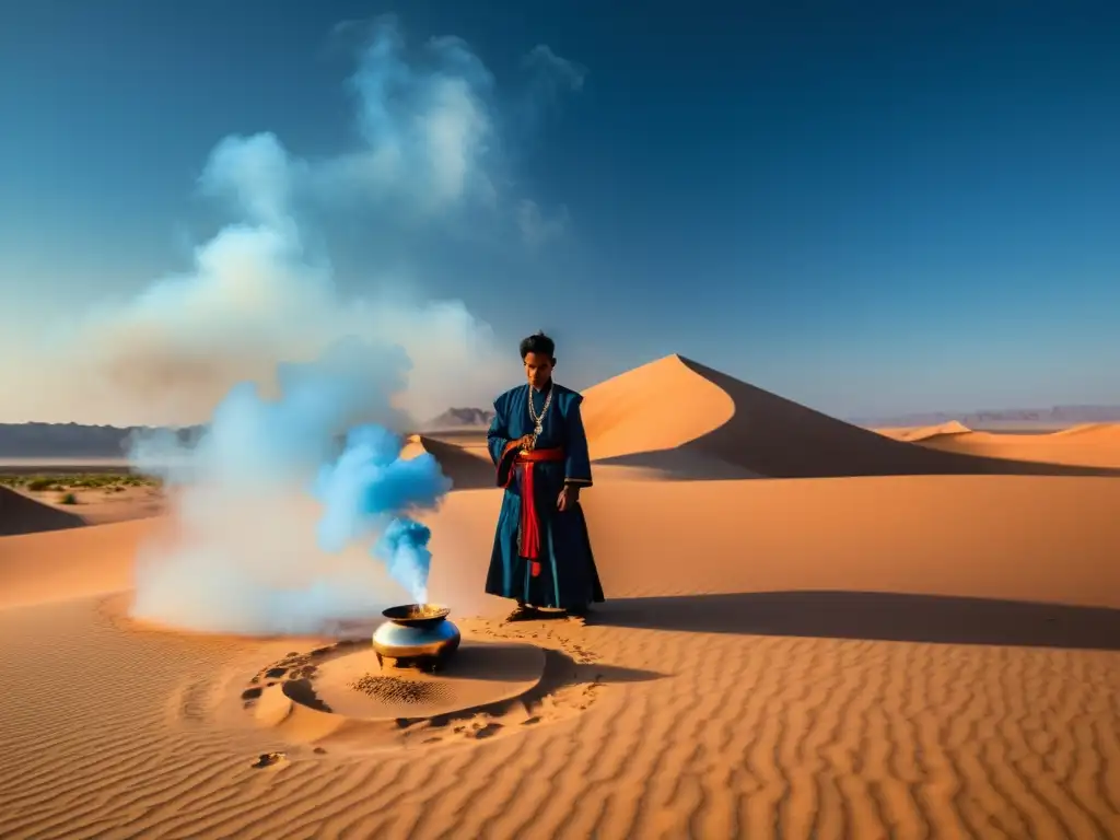 Un solitario figura en el desierto realiza un ritual de purificación con humo ascendente