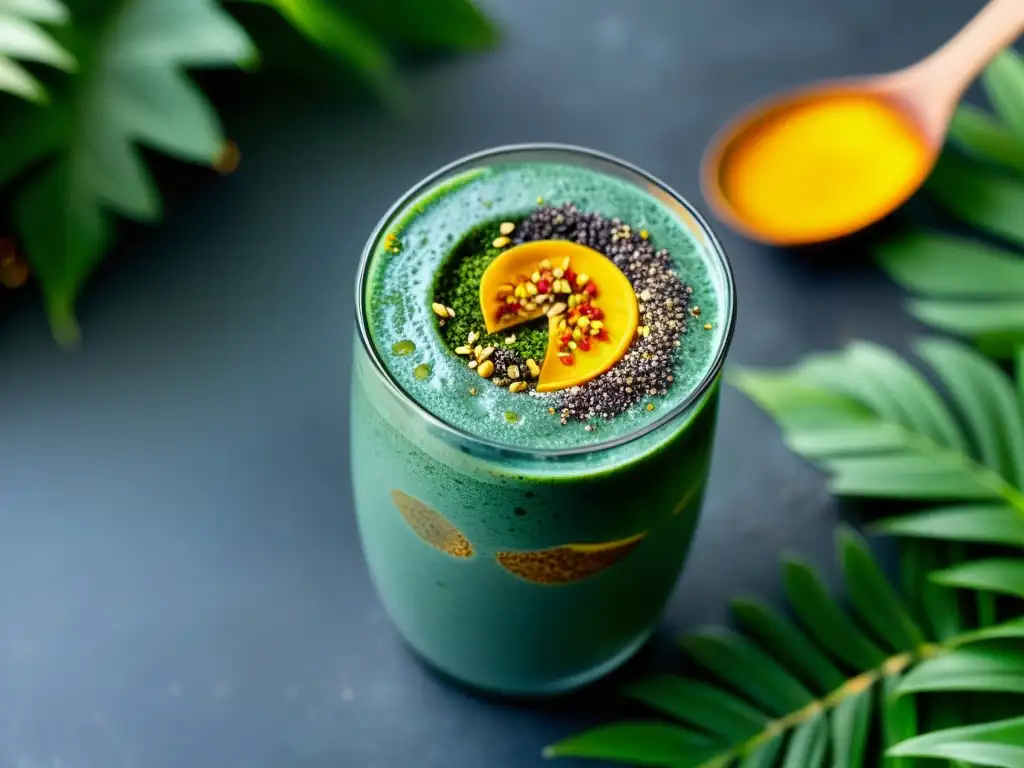 Un suave y vibrante batido de espirulina es vertido en un vaso transparente, decorado con miel dorada, bayas de goji, semillas de chía y cacao