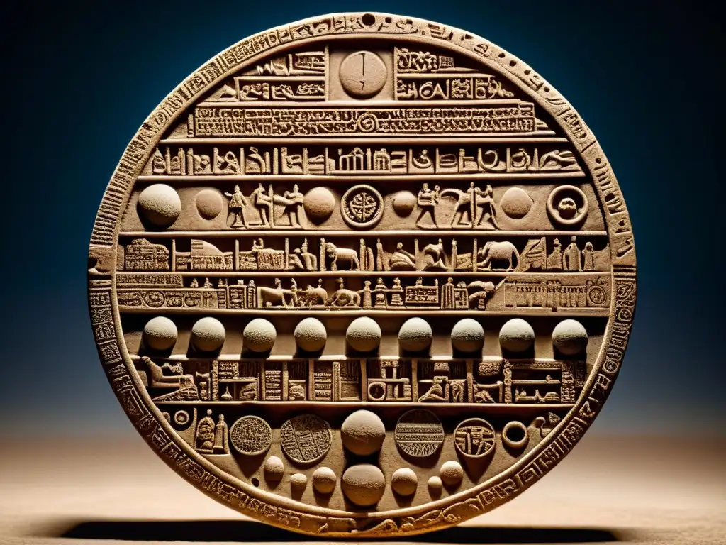 Tableta de arcilla con el calendario lunar mesopotámico, cuneiforme detallado y fases lunares