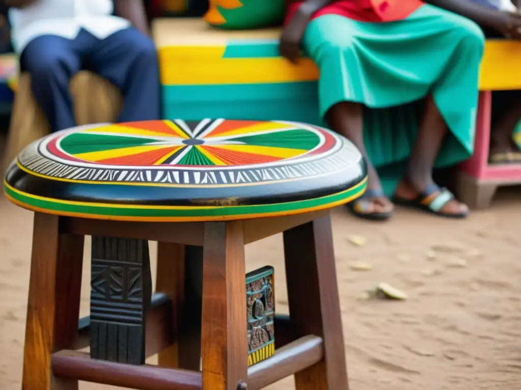 Un taburete tallado con motivos simbólicos y colores vibrantes en un bullicioso mercado de Ghana