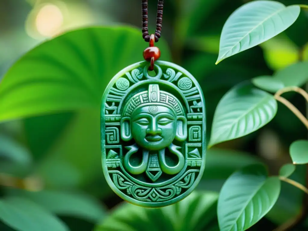 Un talismán maya de jade tallado con símbolos de protección, fuerza y prosperidad, rodeado de exuberante vegetación