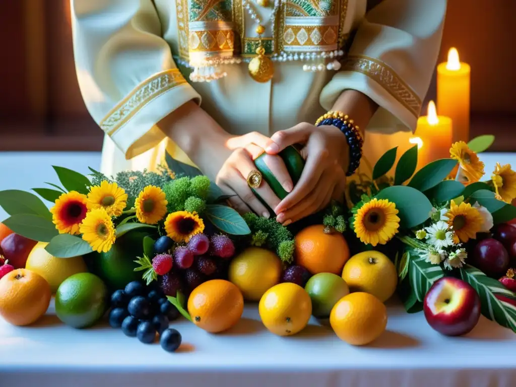 Taller de rituales: cuidadosas manos arreglan flores, hierbas y frutas en altar, bañado en luz dorada de reverencia y tranquilidad