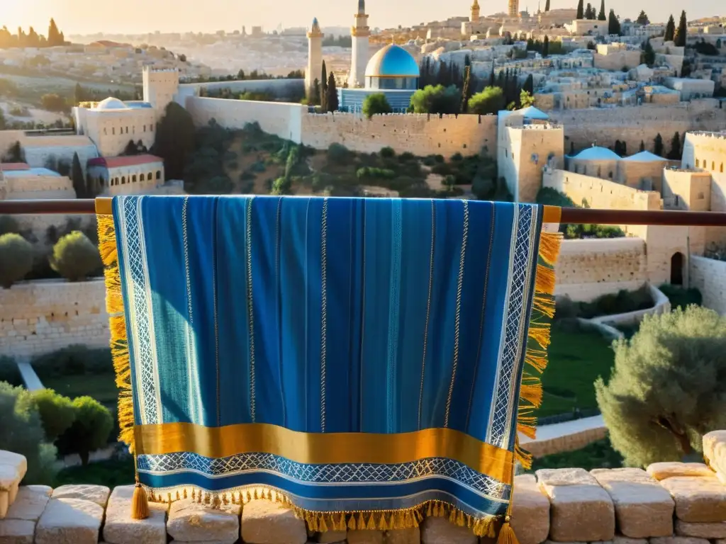 Un tallit tejido con hilos azules y dorados, con tzitzit que ondean suavemente al amanecer sobre las murallas antiguas de Jerusalén, resaltando el significado del Tzitzit en culturas