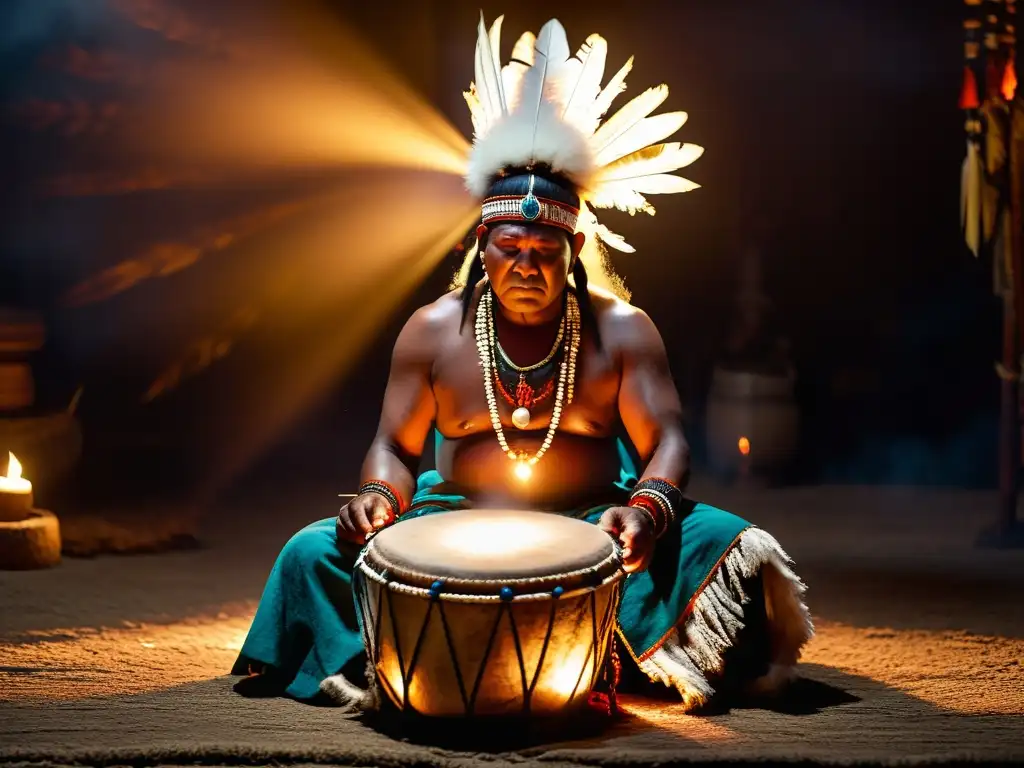 Un chamán indígena toca un tambor ceremonial en un espacio ritual ahumado