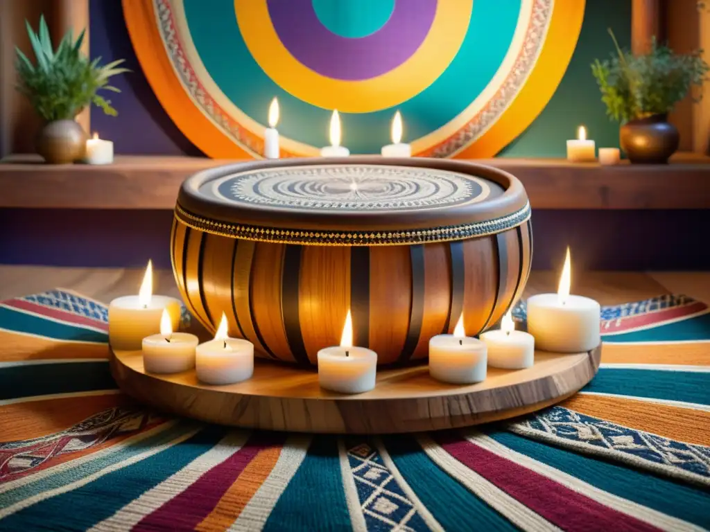 Un tambor de madera tallado, rodeado de velas y hierbas aromáticas en textiles coloridos