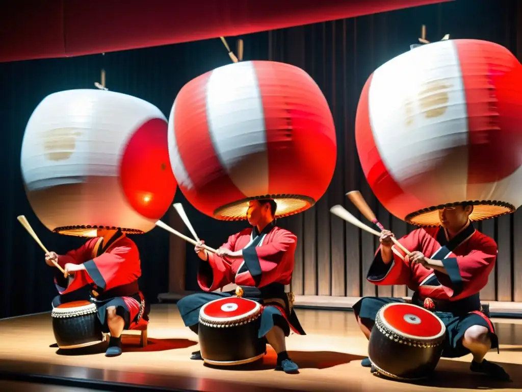 Tambores japoneses en ceremonias: Taiko drummers con trajes tradicionales rojos y negros, concentración intensa al golpear los tambores con movimientos sincronizados