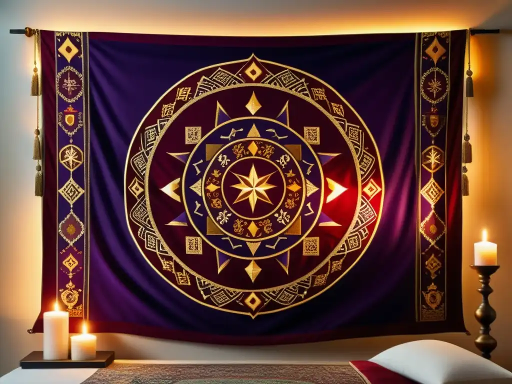 Tapiz intrincado con colores simbólicos y patrones antiguos iluminado por velas, evocando significado colores decoración ritualística