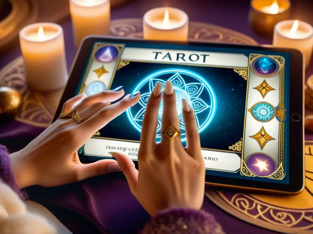 Un tarot digital se despliega en una tableta, manos con anillos místicos lo tocan