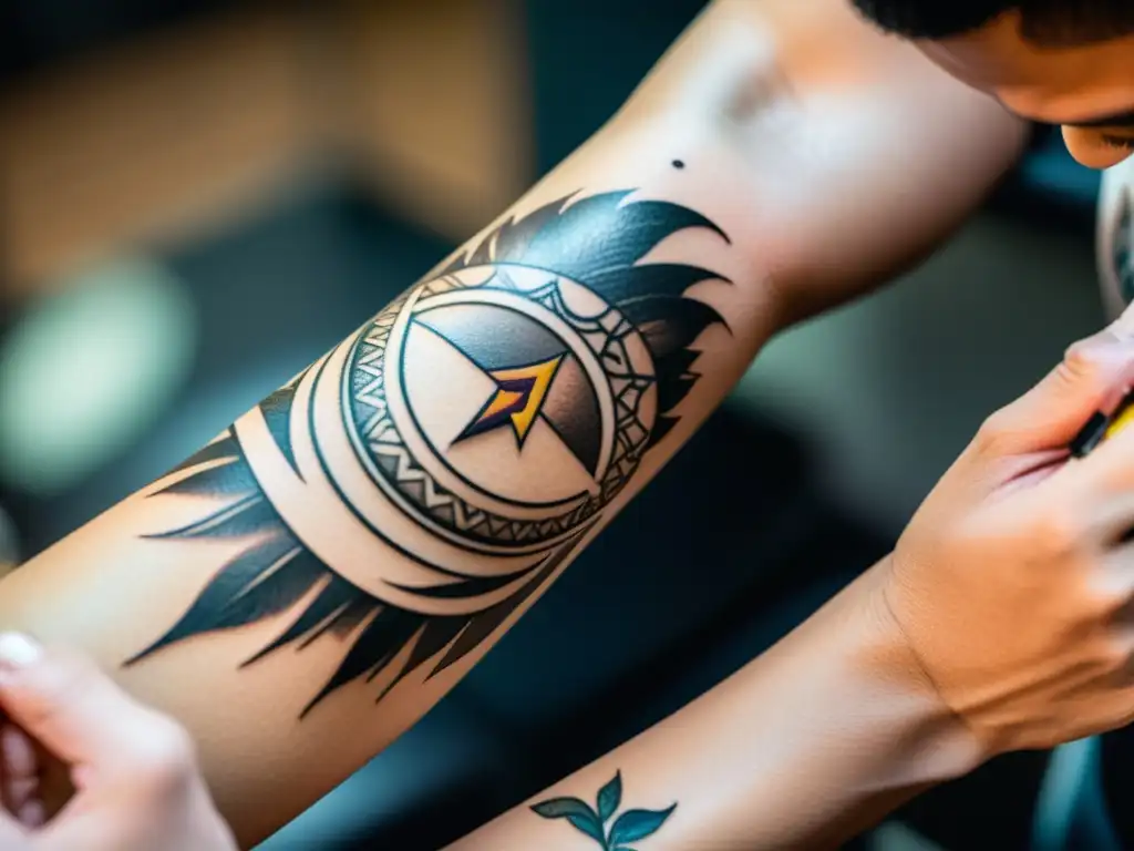 Un tatuador aplica con precisión un diseño de tatuaje efímero en el antebrazo de un cliente, reflejando la cultura urbana de los ritos de tinta