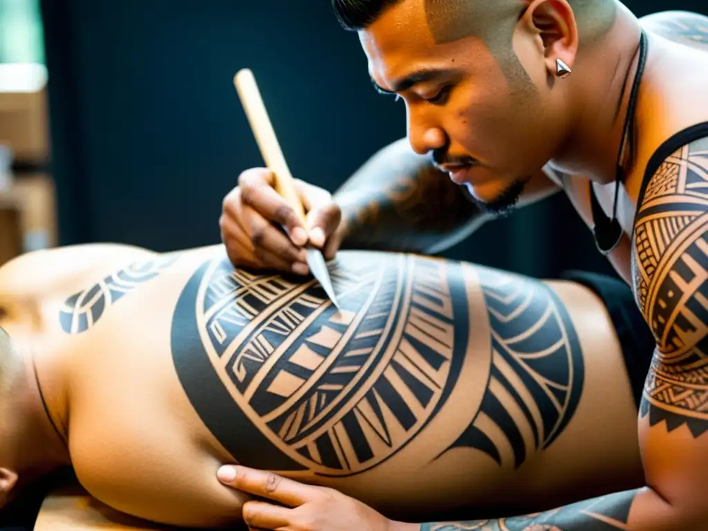 Un tatuador polinesio crea una obra maestra en la espalda de un cliente, mostrando el significado y la identidad de este arte ancestral