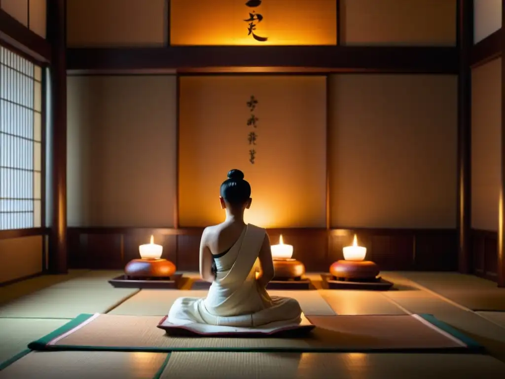 Práctica de meditación en un templo zen: ambiente tranquilo y espiritual con meditadores y estatua de Buda