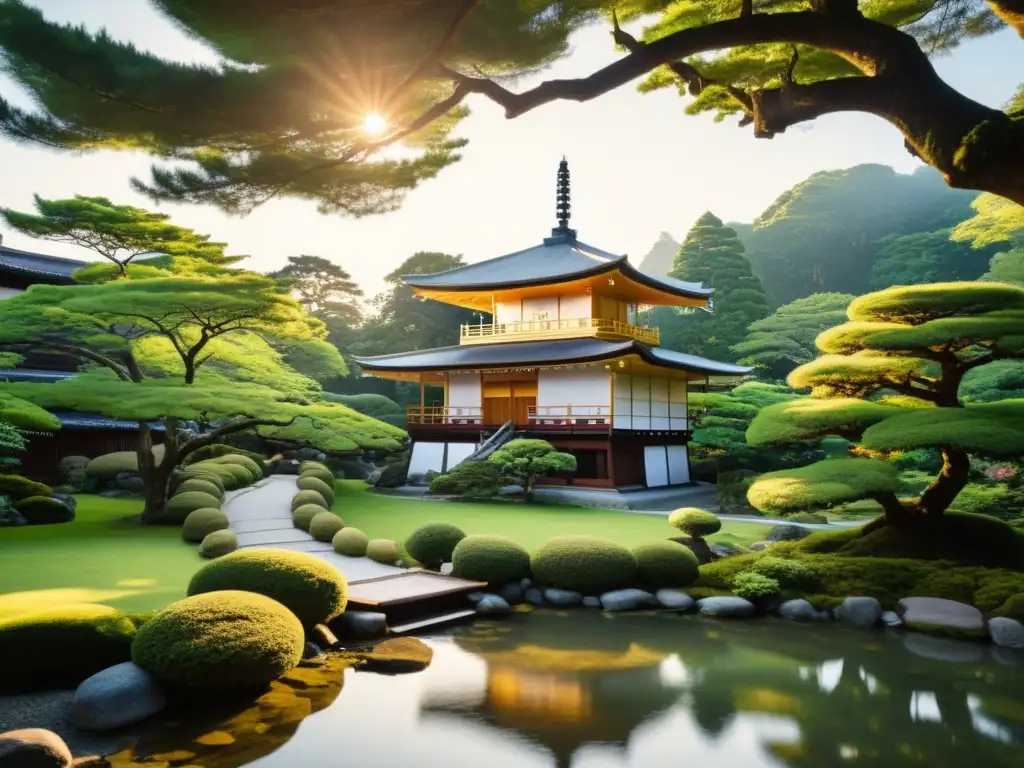 Templo zen japonés con jardín sereno y rituales de meditación en la suave luz dorada del atardecer