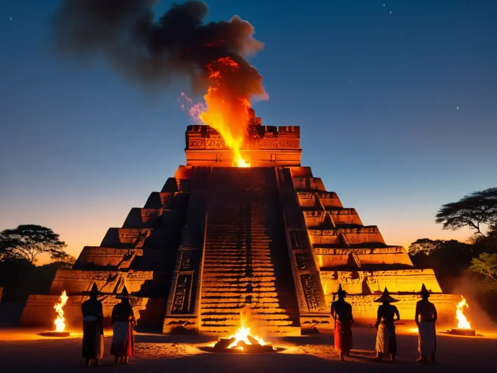 Templo maya iluminado por el fuego ceremonial, con figuras realizando un ritual alrededor