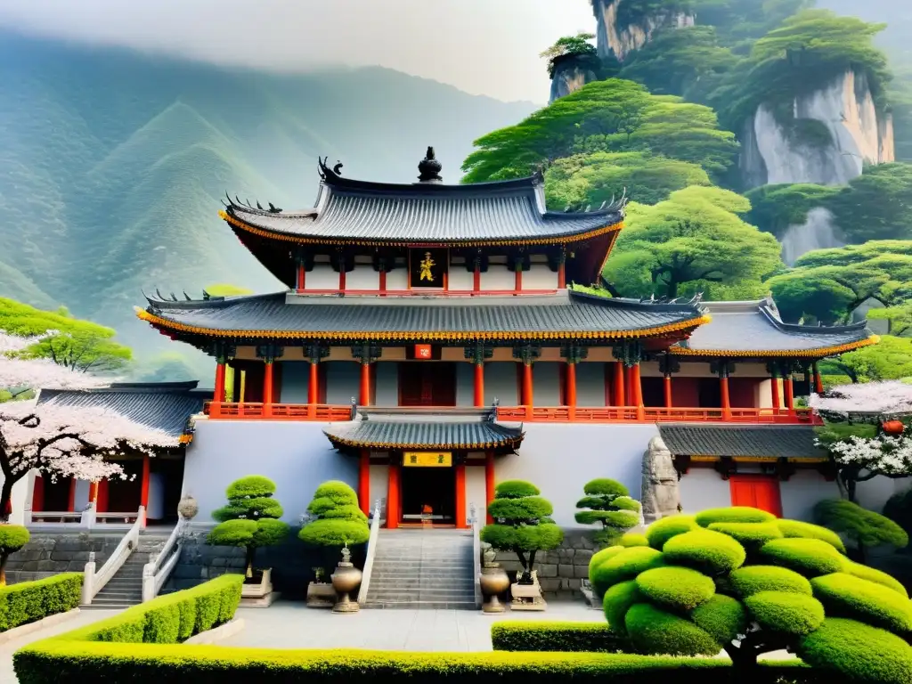 Un templo taoísta en la neblina de las montañas, con detalles coloridos y monjes meditando entre los cerezos en flor