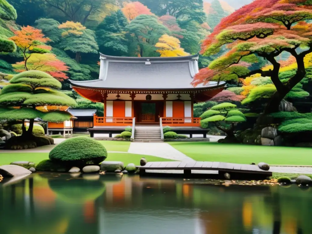 Un templo zen tradicional rodeado de exuberante vegetación y un arroyo, con monjes realizando rituales de meditación