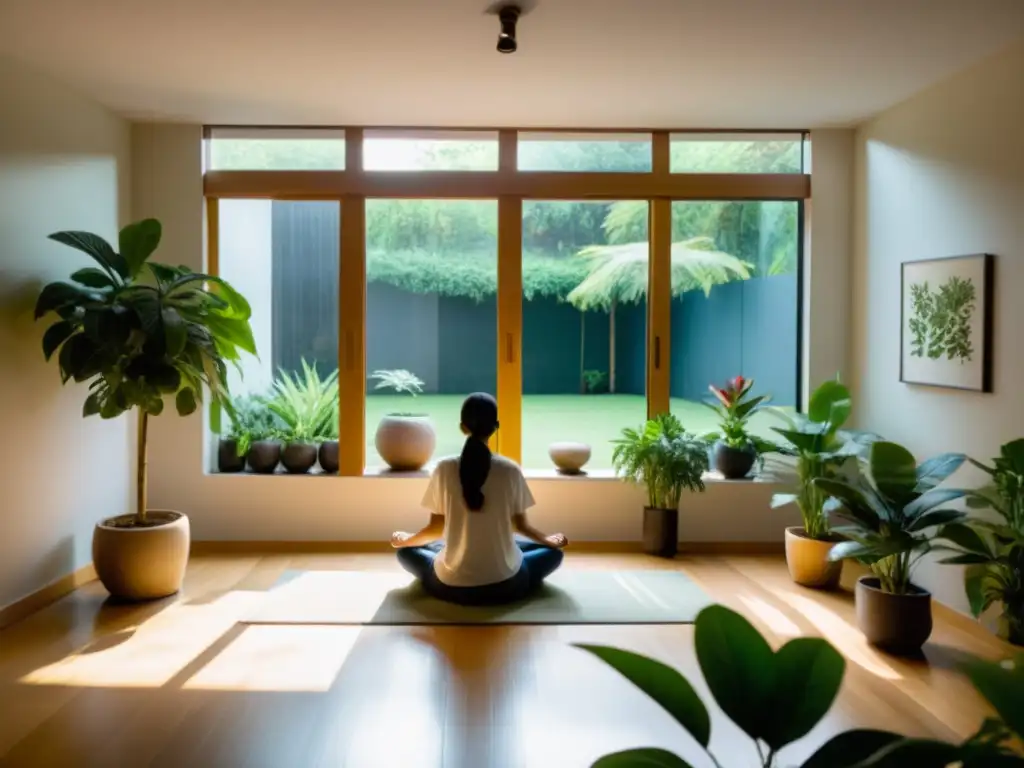 Terapeuta y cliente practican Mindfulness en sereno consultorio con vista al jardín