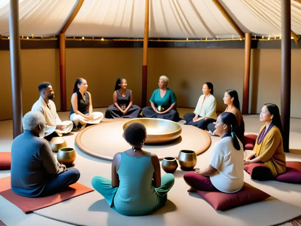 Una terapia de sonido para rituales en un entorno cultural y sereno, con participantes inmersos en la experiencia