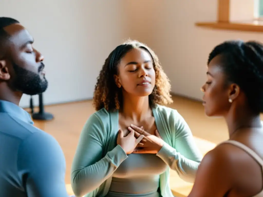 Terapias vocales en rituales curativos: Participantes en círculo con ojos cerrados, manos en el pecho, en sesión con instructor sereno