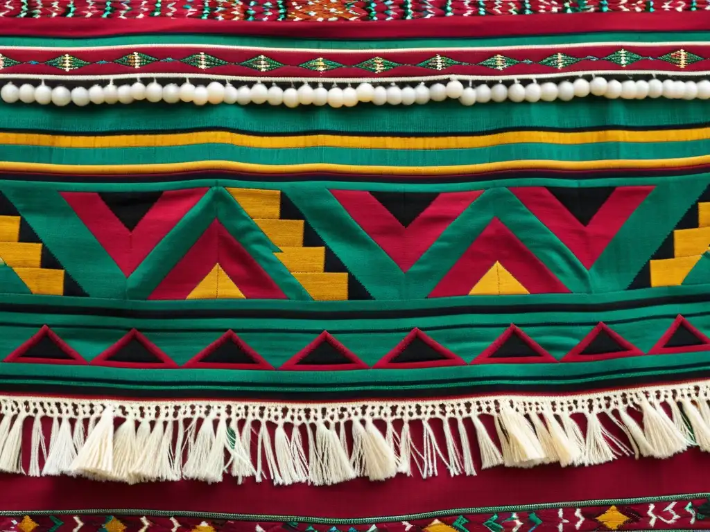 Textil ceremonial achuar con ricos colores y patrones geométricos, simbolizando la conexión con la naturaleza en una celebración ritual