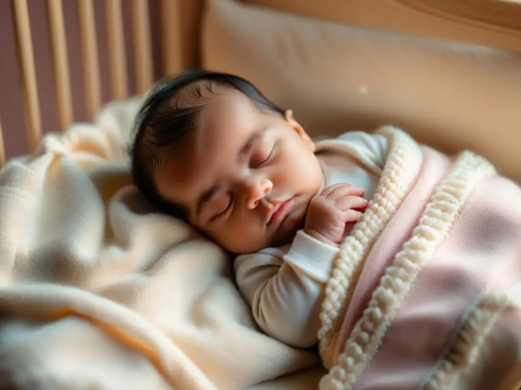 Una tierna fotografía detallada de un recién nacido durmiendo pacíficamente en una manta cálida, rodeado de una decoración suave y pastel