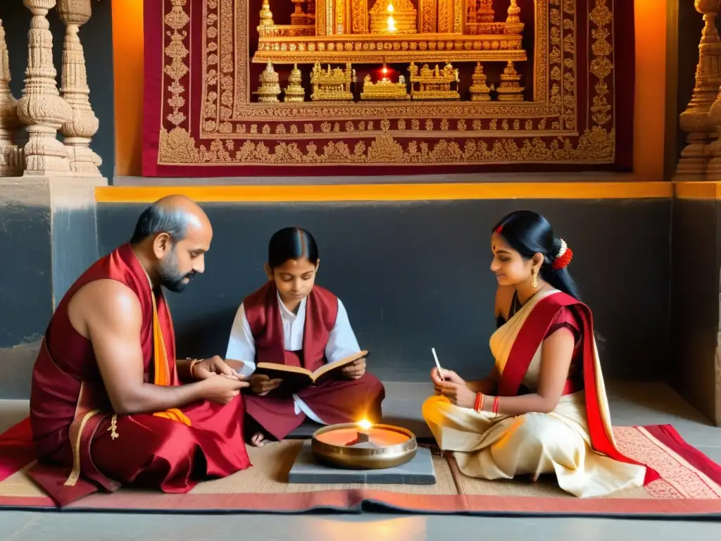 Una tierna escena de Aksharabhyasam, donde un niño aprende sus primeras letras bajo la guía del sacerdote en un hermoso templo hindú