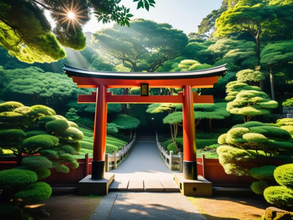 Un torii japonés tradicional destaca entre la exuberante vegetación, transmitiendo serenidad y conexión espiritual