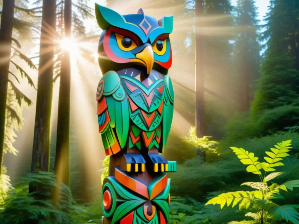 Un totem tallado detalladamente en un bosque verde exuberante, con figuras de animales vibrantes