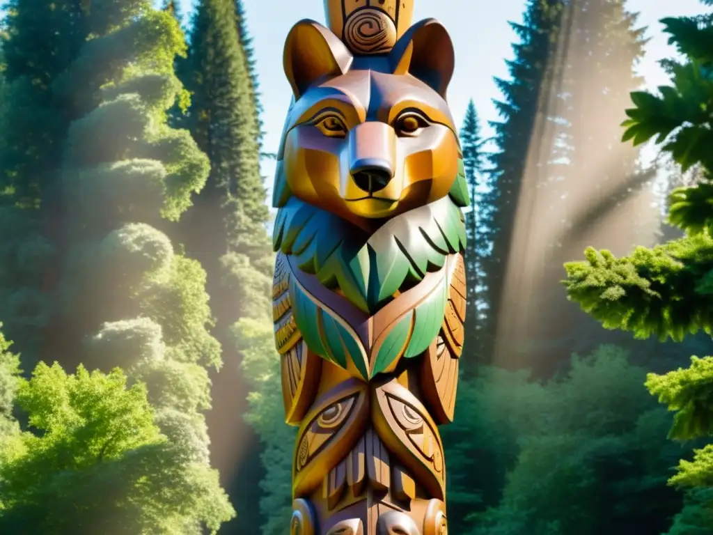 Un totem tallado con detalle, con ojos que siguen al espectador en un bosque verde