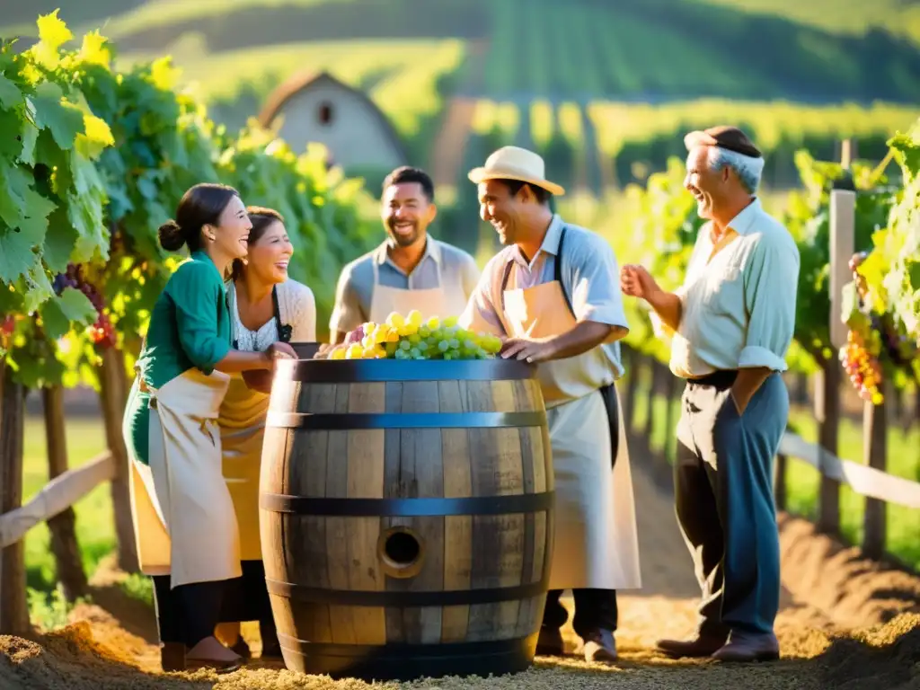 Trabajadores en viñedo reúnen para rituales de vendimia en viñedos, creando una atmósfera festiva y comunitaria al atardecer