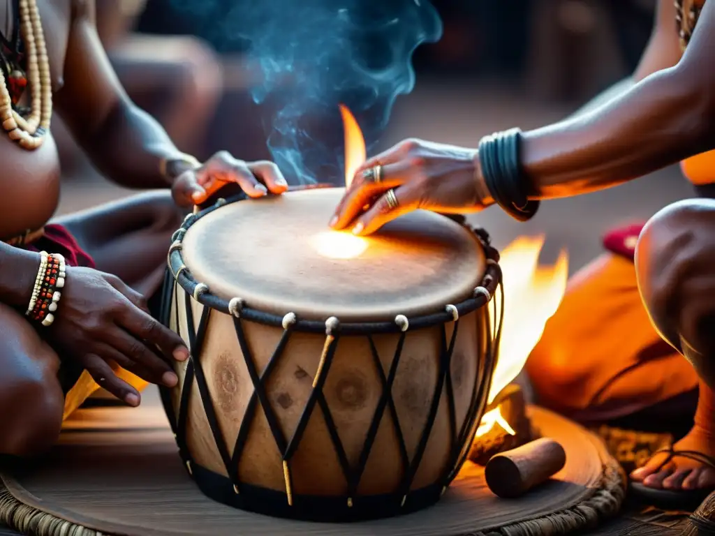 Un chamán toca un tambor tradicional frente a un fuego cálido durante un ritual sagrado