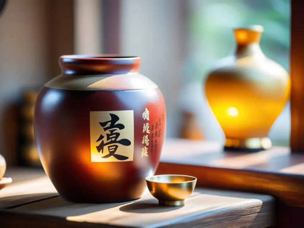 Tradicional jarra de vino de arroz en el Año Nuevo Chino con llamativa decoración y celebración festiva en el fondo