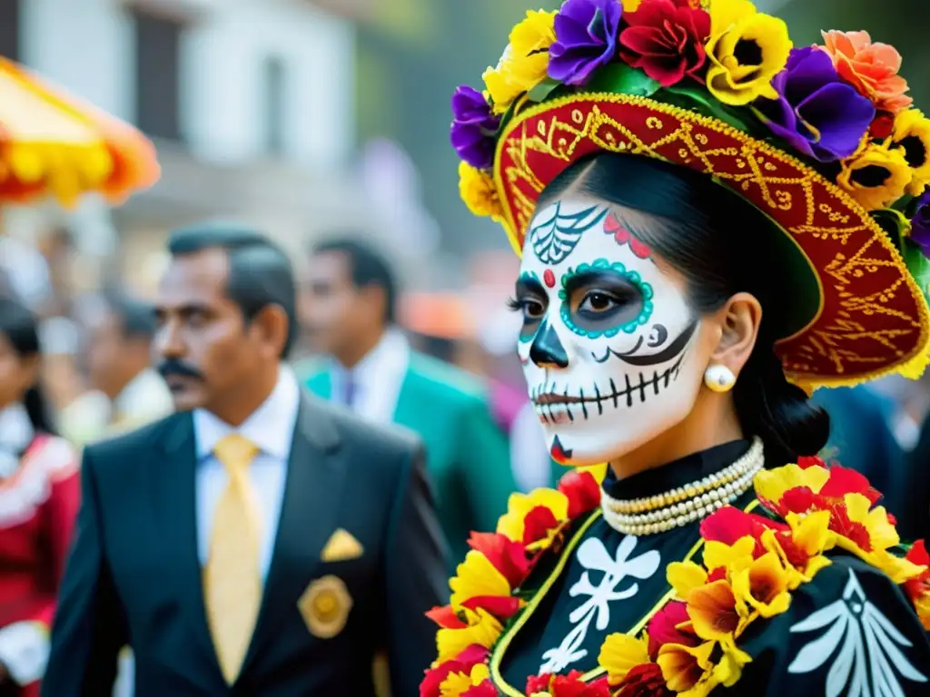 Una fotografía de alta resolución de una procesión tradicional del Día de los Muertos en México, con trajes coloridos y detalles elaborados